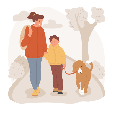 image of a parent with their child walking their dog in the park