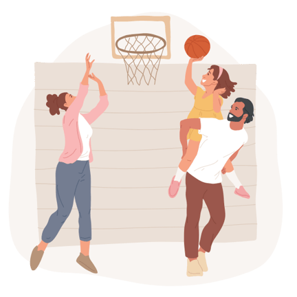 Two parents and a young child playing basketball together