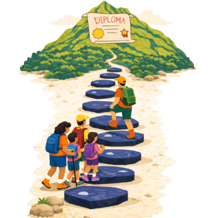 family hiking up a path of stones towards a green mountain