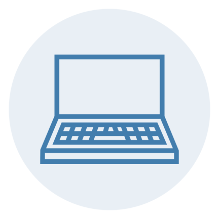 Blue icon outline of an open laptop inside a light blue circle.