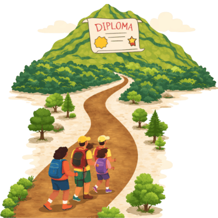 family hiking a trail towards a mountain