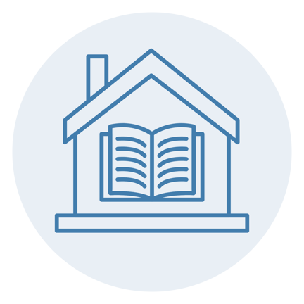 Blue icon outline of a house with an open book inside, inside a light blue circle.