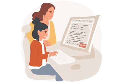 Parent helping student with homework on a computer