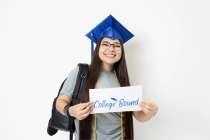 Student smiling with backpack and graduation cap with college bound sign